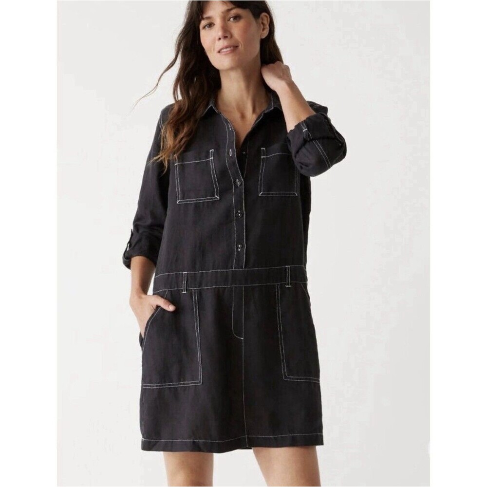 Michael Stars Black Pilar Shirt Dress Size M 100% Linen Utility